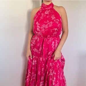 Lulu's Hot Pink Halter Floral Maxi Dress